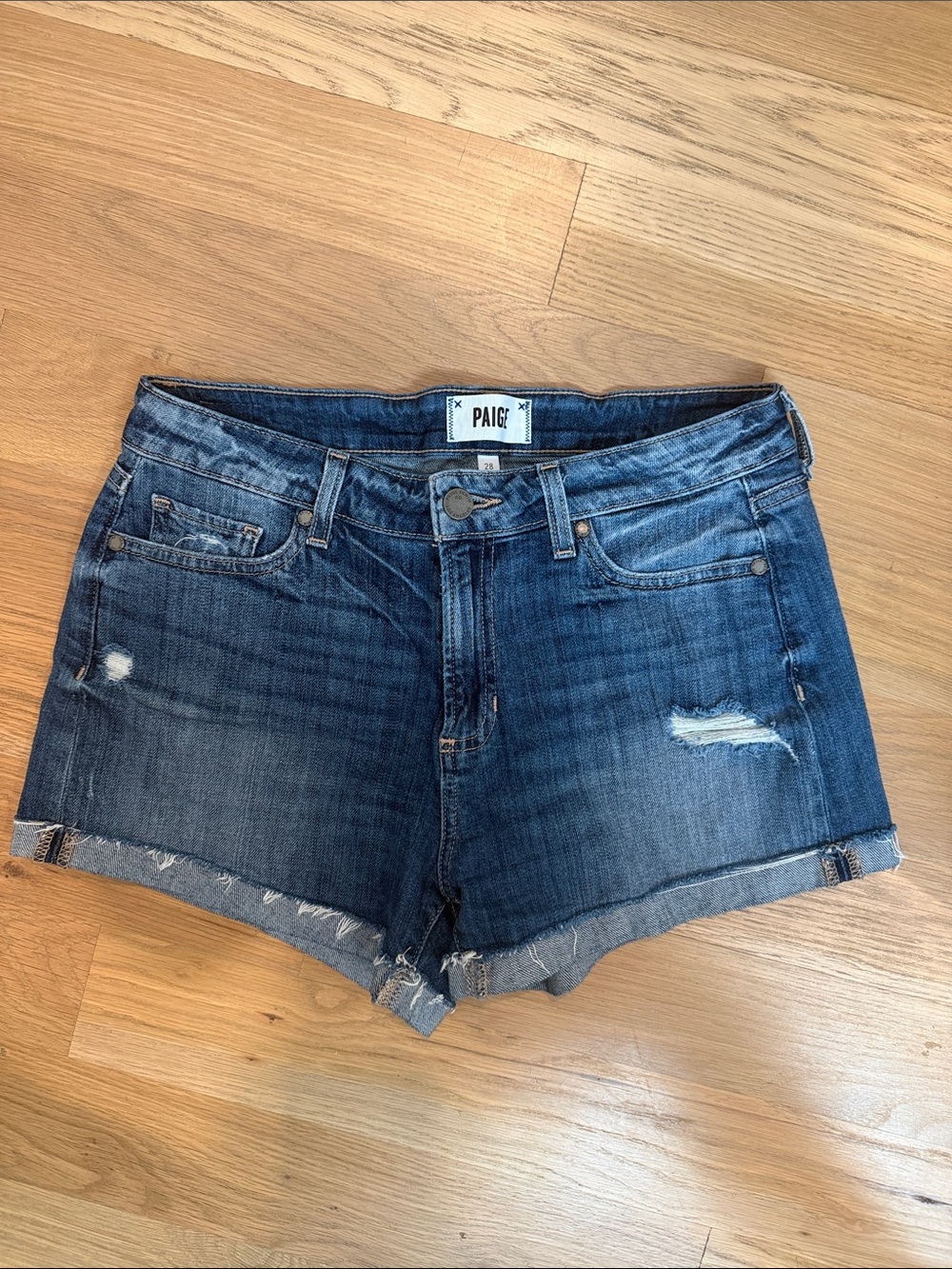 PAIGE Jimmy Jimmy Medium Wash Distressed Denim Cutoff Shorts